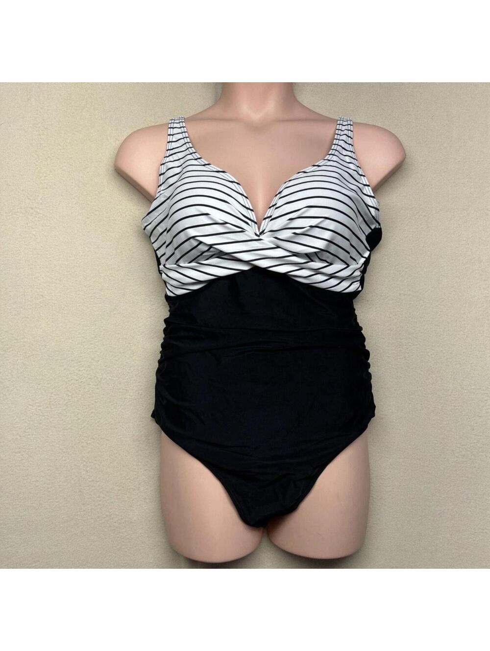 Eomenie Women’s Size Large One-Piece Push Up Wrap Black White Stripes Swimsuit